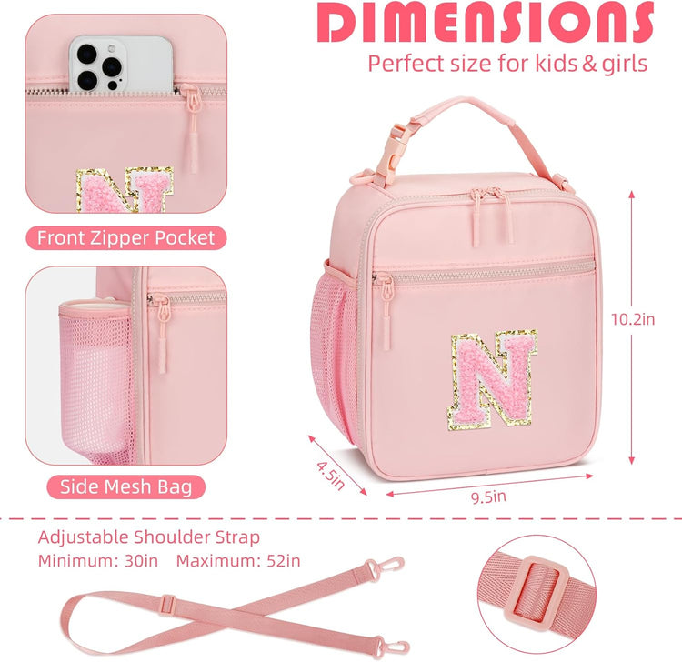 Initial Insulated Lunch Bag for Girls Kids, Back to School Gift, Reusable Leak-proof Lunch Box with Adjustable Strap for School Daycare Travel Picnic (Pink,N)