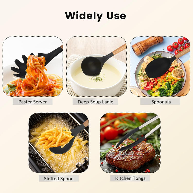 Daily Treasures 12PCS Kitchen Utensils Set,Cooking Utensils Set with Storage Holder,Kitchen Tools Made of Heat Resistant Food Grade Silicone and Wooden Handles for Nonstick Cookware
