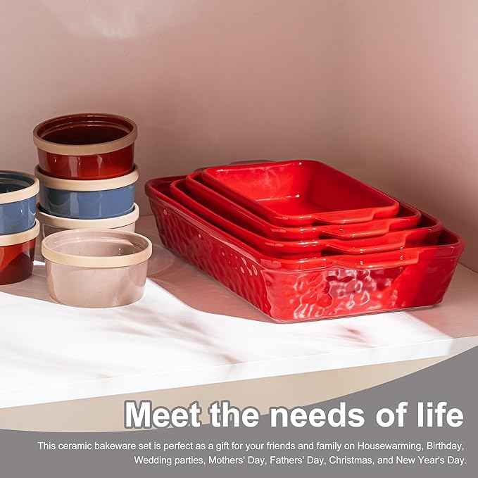 Casserole Dishes for Oven, Baking Dishes, Ceramic Bakeware Sets of 4, Rectangular Baking Pan Set with Handles for Baking, Casserole, Kitchen, Wedding Gift (Red)