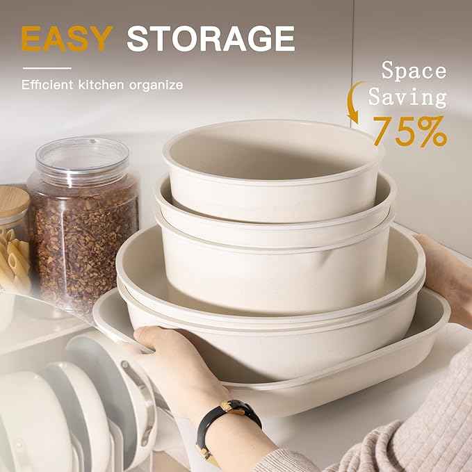 Astercook 23 Pcs Pots and Pans Non Stick Ceramic Cookware Set Detachable Handle, RV Stackable Kitchen Cooking Set Removable Handles, Oven Safe, Induction Ready, Cream White