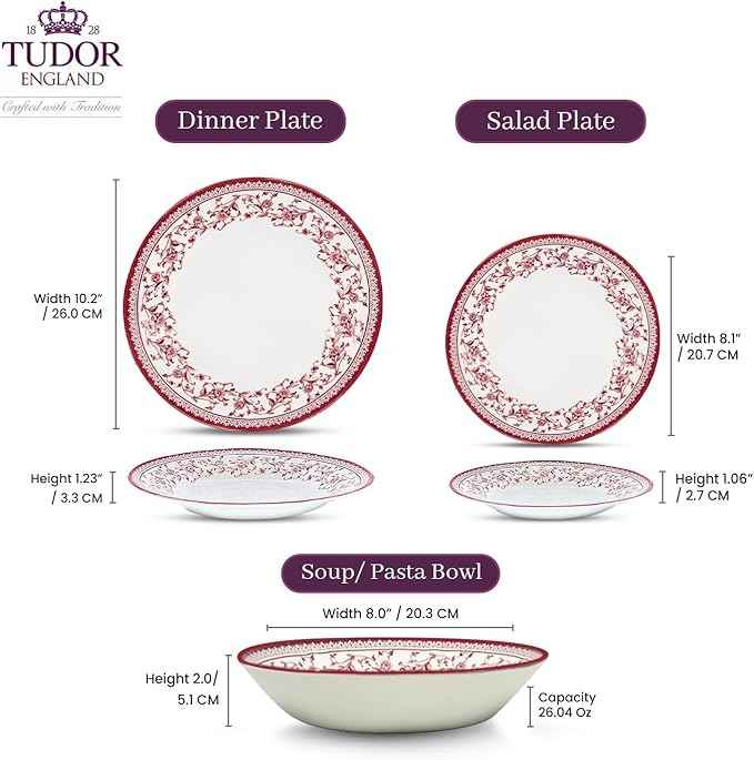 TUDOR Royal Collection 12-Piece Round Porcelain Dinnerware Set, Service for 4 with Dinner Plates, Bowls, and Salad Plates, Aster Pink Red Floral Design, High Gloss Finish, Durable & Premium Quality