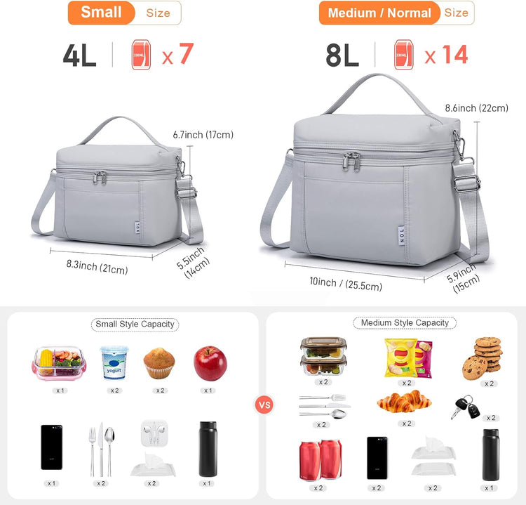 NOL Natural Organic Lifestyle Insulated Lunch Bags for Women Cooler Bag Lightweight Nylon Waterproof Lunch Box For Work (Small,Gray White)