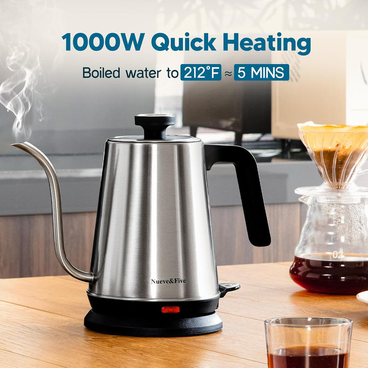 Nueve&Five Gooseneck Electric Kettle with Thermometer,Electric Tea Kettle 1L with Auto Shut-Off,1000W Hot Water Kettle of Stainless Steel,Pour Over Kettle for Coffee & Tea -Chrome
