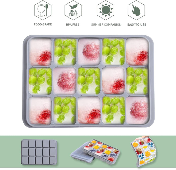 Ice Cube Trays Set of 2, Easy Release 15 Flexible Silicone Ice Cube Molds with Removable Lid Reusable Freezer Ice Trays Stackable for Whiskey, Baby Food, BPA Free (BLUE+GRAY)