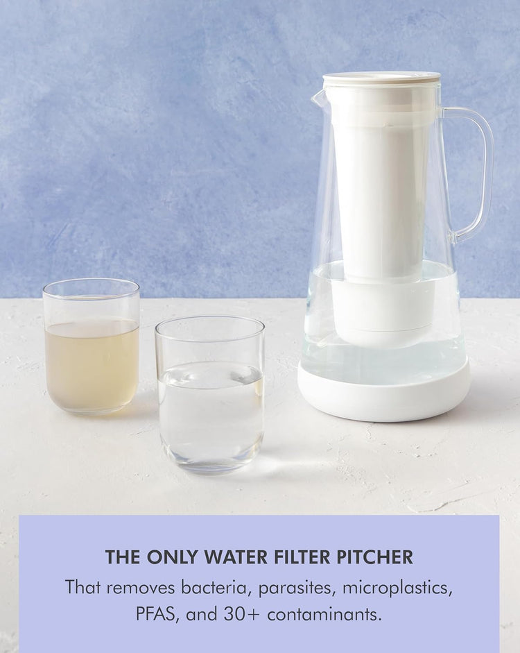 LifeStraw Home Water Pitcher, 7-Cup, White, Glass with Silicone Base, White, for Everyday Protection Against Bacteria, Parasites, Microplastics, Lead, Mercury, PFAS and a Variety of Chemicals