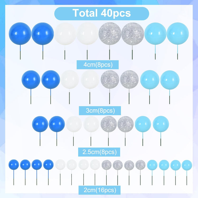 BEISHIDA 40 Pcs Foam Ball Cake Toppers with Sticks Mini Cake Decorations for Birthdays, Boys Party, Baby Showers, DIY Baking Supplies, Winter Party (Blue,White,Silver)