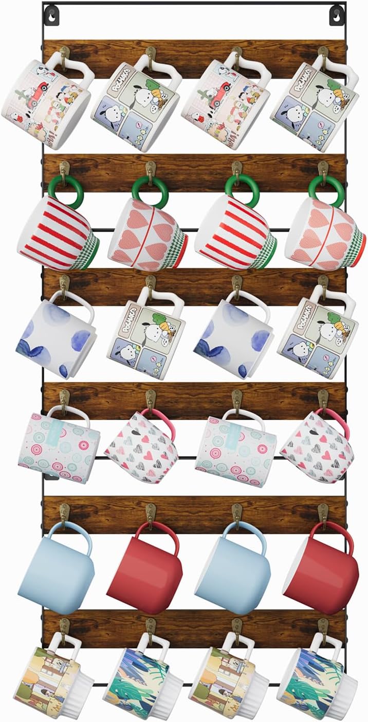Mug Racks for Wall, Coffee Mug Holder Wall Mount Up to Hold 24 Mugs, Coffee Mug Rack Wall Mounted(3Pack) for Kitchen, Home, Coffee Bar, Rustic Wood and Iron
