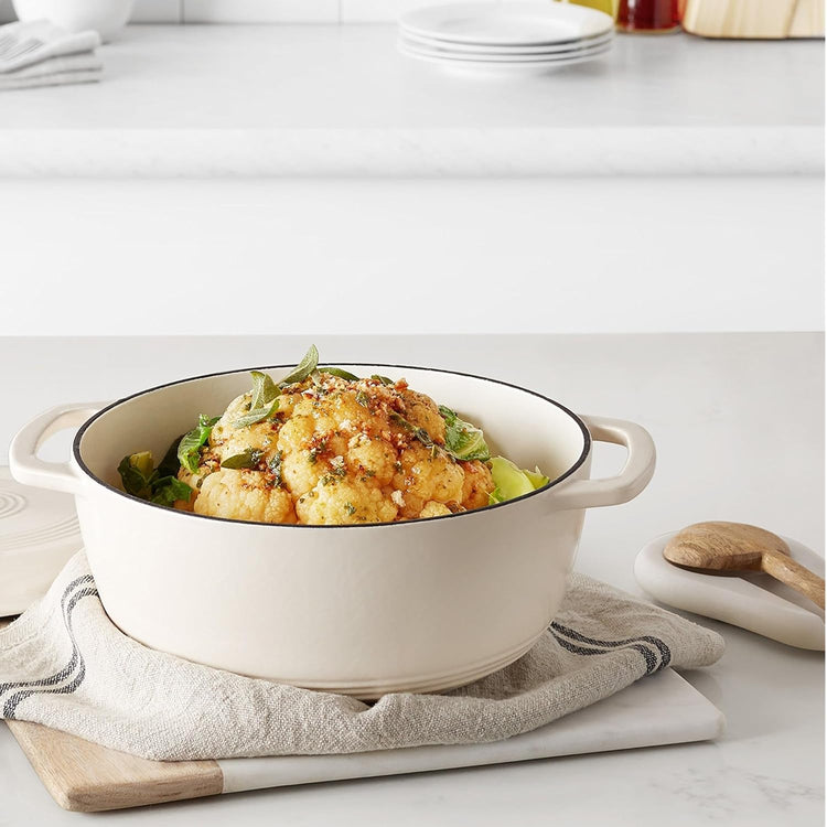 Amazon Basics Cast Iron Dutch Oven Pot with Lid, Enameled, Round, Dual Handles, Heavy-Duty, Small, 4.3-Quart, White - Nestoria
