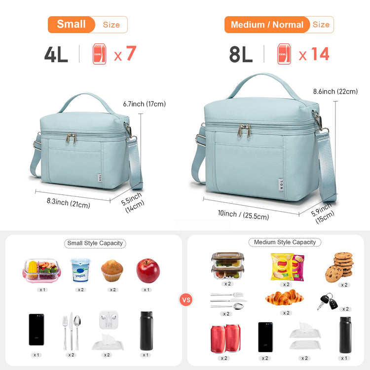 NOL Insulated Lunch Bags for Women Cooler Bag Lightweight Nylon Waterproof Lunch Box for Work Small Light Blue 4L