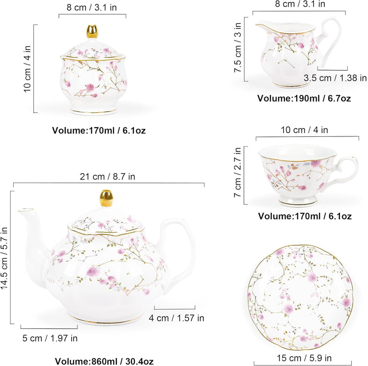 fanquare 21-Piece Gold Vine Floral Porcelain Tea Sets with Sugar Bowl Creamer Teacups, English Bone China Tea Service for Women TeaParty Family Gathering Home Décor