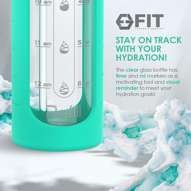 FIT Strong & Healthy 32 oz Glass Water Bottle with Straw Lid, Time Marker, Sleeve & Extra Lid - Motivational, Wide Mouth 1 Liter Glass Drinking Bottle