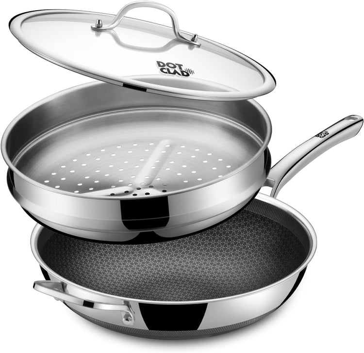 13 Inch Hybrid Stainless Steel Wok with Lid and Steamer Basket, Non Stick Stir Fry Pan, PFOA-Free, Works on Induction, Dishwasher & Oven Safe