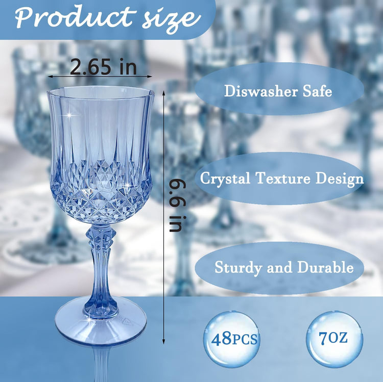 Blue Plastic Wine Glasses,Plastic Goblets for Parties,Drinking Glasses for Wedding Reception, Grand Event Party Supplies (48, Blue)