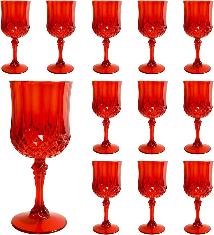 Plastic Wine Glasses,Plastic Goblets Vintage Style Cordial Drinking Glasses for Wedding Reception, Grand Event Party Supplies (12, Red)