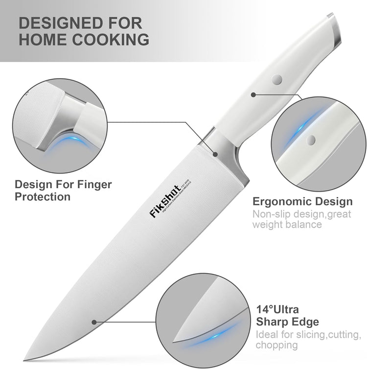 Knives Set for Kitchen, FIKSHOT 14PCS Kitchen Knife Set with Block, High Carbon Stainless Steel Full Tang Knife Sets Razor-Sharp Blade Professional Chef's Knife for Housewarming (WHITE)
