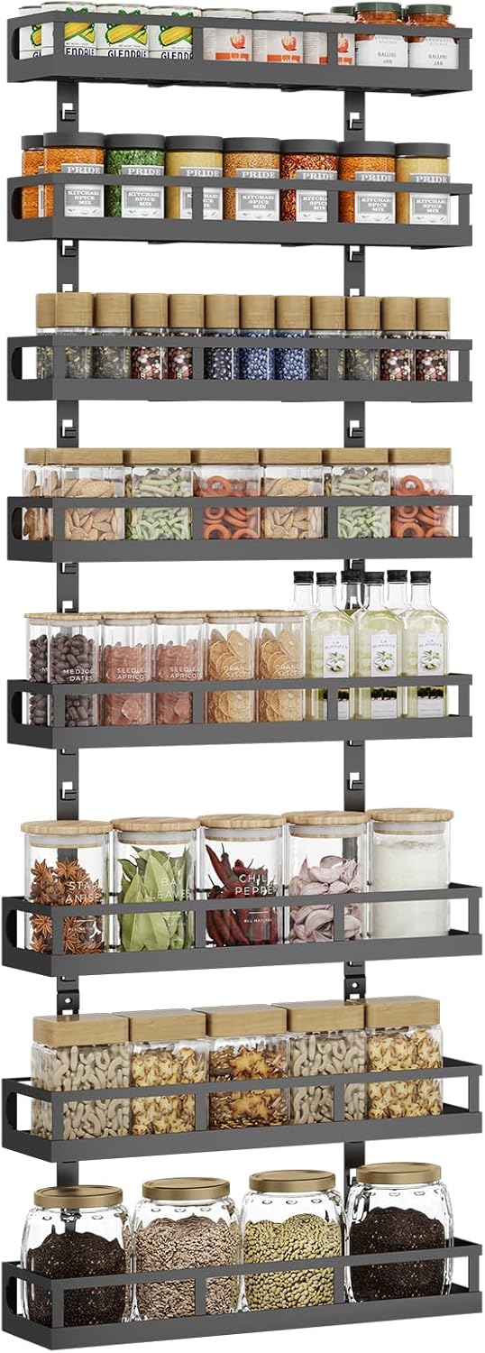 X-cosrack 8-Tier Adjustable Spice Rack โ Wall-Mounted Space-Saving Organizer with Mixed Baskets, Large-Capacity Seasoning Holder for Kitchen & Pantry (Black)
