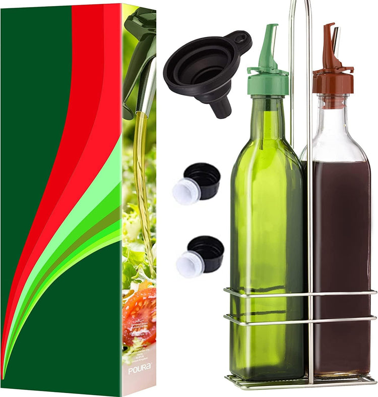 Poura Vinegar and Olive Oil Bottle Drizzler Set with Unique ClickSeal Pour Spouts | Glass Oil & Vinegar Dispenser Bottles for Cooking Kitchen Dining | Hygienic Covers + Silicone Decanter Funnel 500ml