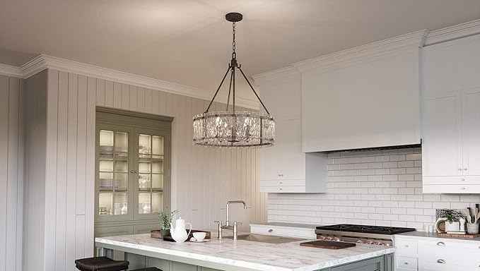 Quoizel Fortress Pendant Lighting, 21 Inch 5-Light Mottled Silver Drum Light, Max Adjustable Height 77", Textured Glass Pendant Light for Kitchen Island, Dining, Hallway or Bedroom