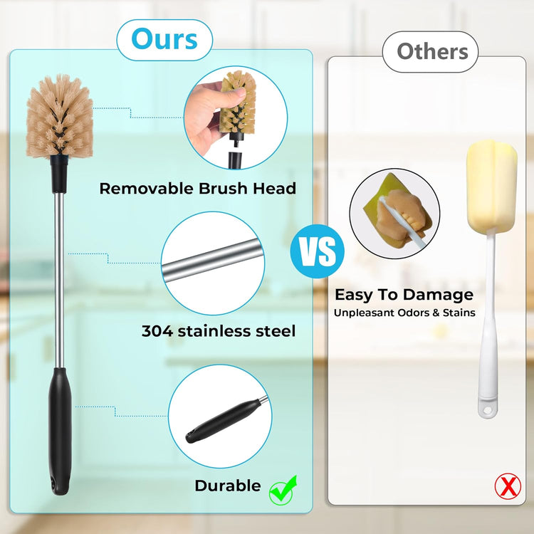 2-in-1 Long Handle Bottle Brush - Water Bottle Cleaning Accessories - Flexible Scrub Brush for Water Bottles,Mugs, Glasswares - with Replacement Brush Heads,Dishwasher Safe Reusable,Brown