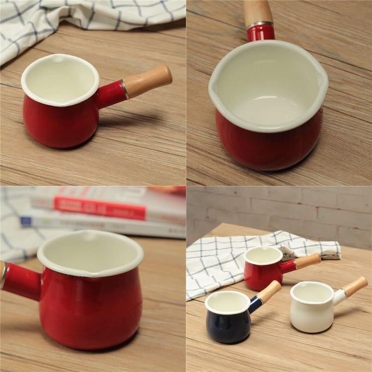 Mini Enamel Milk Pot 4 Inch 17 Oz Dual spout with Wooden Handle, Small Sauce Pan Perfect Size for Heating Smaller Liquid Portions (Red)