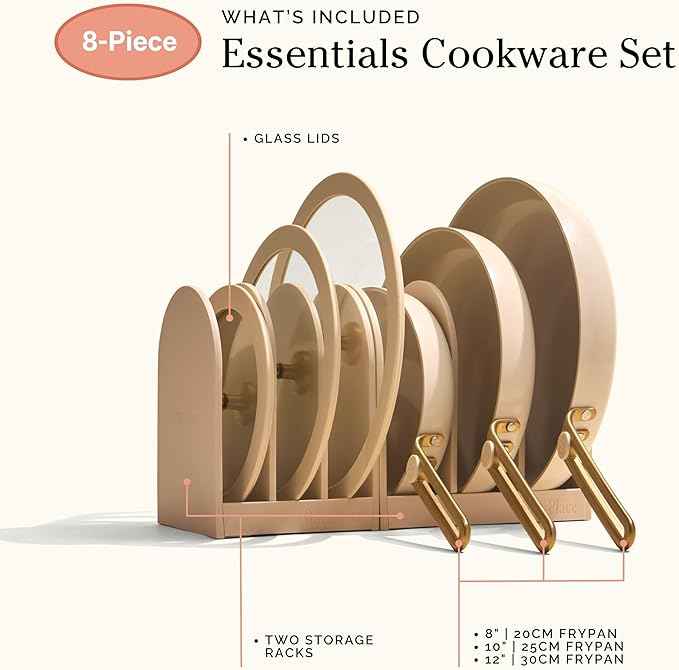 Our Place 8-Piece Essentials Complete Cookware Set - Ceramic Fry Pan Trio & Modular Rack Storage | Nontoxic Thermakind™ Nonstick, Oven Safe up to 450°F & Compatible with All Cooktops | Cream