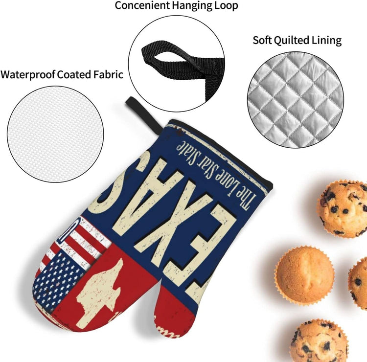 Oven Mitts and Pot Holders Sets of 4,Texas Lone Star State Retro US,Oven Mitts Heat Resistant Oven Gloves Set Potholders for Kitchen Baking Grilling