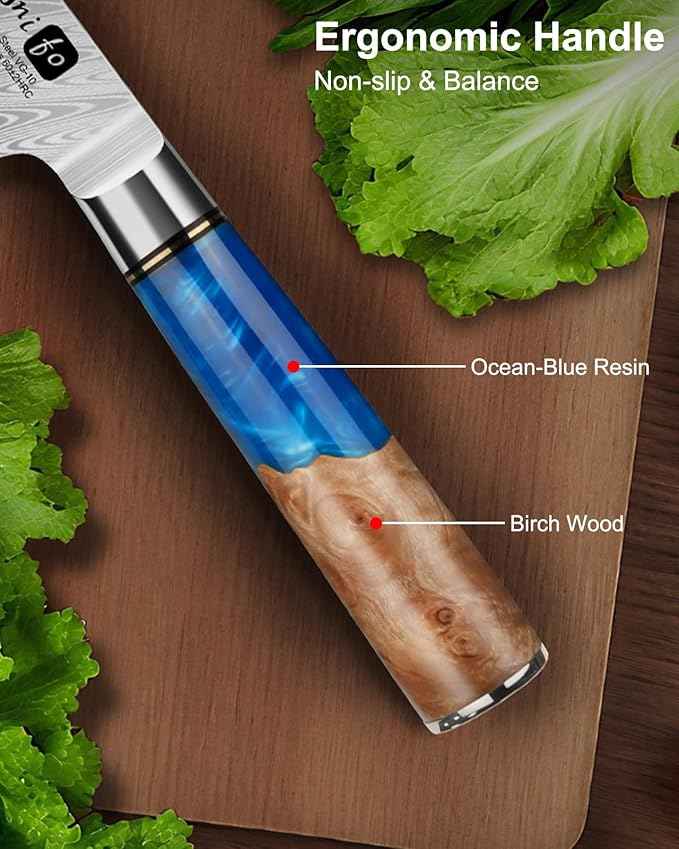 Damascus Chef Knife 8 Inch, Japanese Handcrafted Sharp Kitchen Knife with 67-Layer Damascus Steel & VG10 Core, Blue Resin & Natural Birch Wood Handle, Ideal Gift for You & Your Beloved
