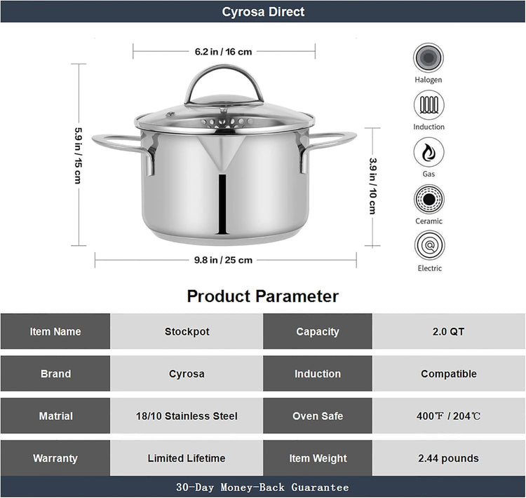 Tri-Ply Stainless Steel Sauce Pan with Steamer Basket & Straining Glass Lid — Heavy-Duty, Thick Base,Rust-Resistant,Warp-Free —100% Food-Grade —Built to Last– Works with All Stovetops, Pasta Pot 2 QT