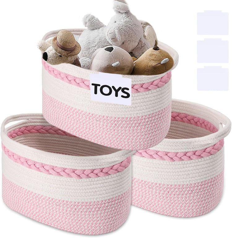 Woven Storage Basket, 3 Pack Pink Rope Basket for Shelves, HandWoven Cotton Rope Basket with Built-in Handles and Labels for Bathroom, Bedroom, Laundry, Pantry, Shelves