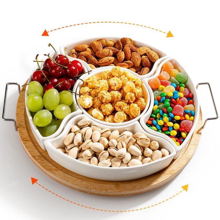 Ceramic Divided Serving Dishes with 360°Rotatable Bamboo Tray and Handles