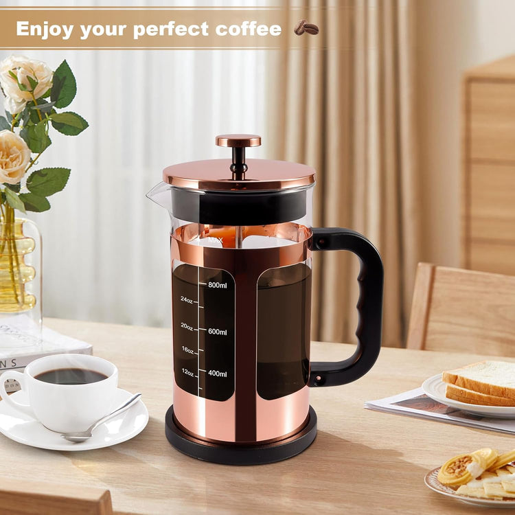 French Press Coffee Tea Maker, Upgrade Heat Cold Resistant Thickened Glass with 4 Level Stainless Steel Filtration System Brew Coffee & Tea, BPA Free, Large 1000ml 34oz,Rose Gold