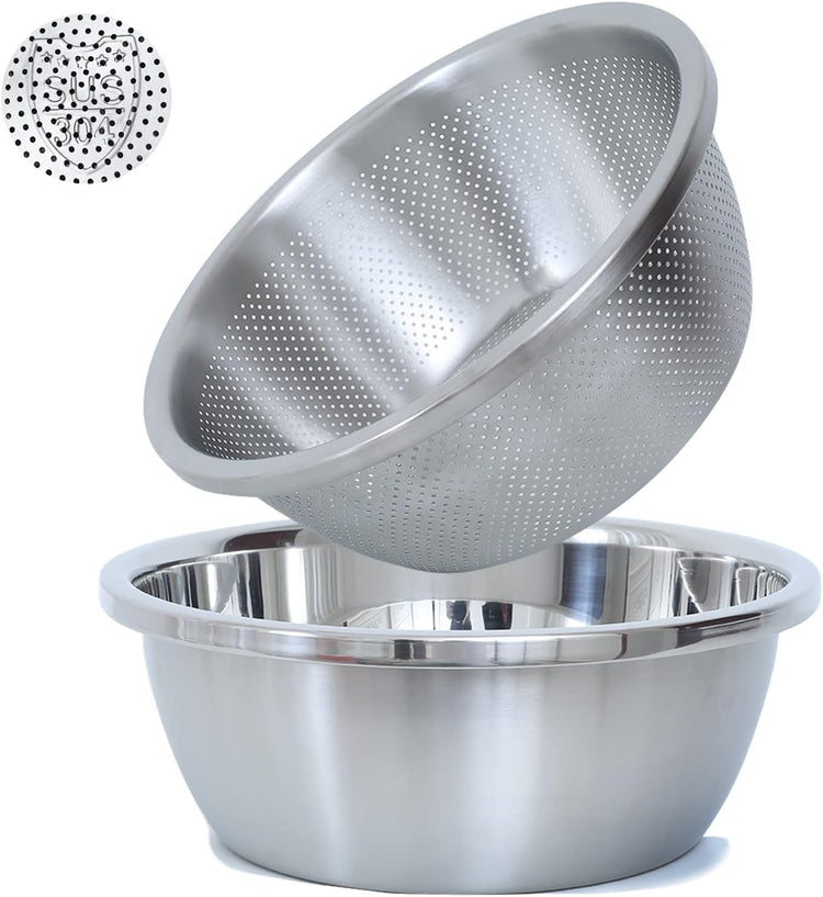 304 Stainless Steel Microporous Colander, 4.5QT Large Capacity with Mixing Bowl For washing vegetables, fruit and rice and for draining cooked pasta(2PC)
