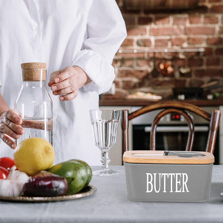 Ceramic Butter Dish with Bamboo Lid and Stainless Steel Knife Spreader Grey