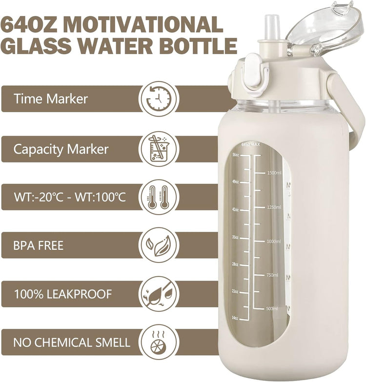 kytffu 64oz Glass Water Bottles with Straw, Half Gallon Motivational Glass Bottle with Silicone Sleeve and Time Marker, 2L Leakproof Large Glass Water Jug for Gym Home Office,White