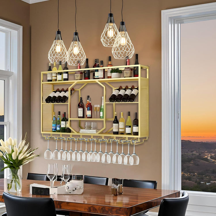 Wall Mounted Wine Rack, 3-Tiers Metal Bar Bottle Holder, Modern Wine Glass Storage Display Shelves, Wall Wine Rack for Kitchen Bar Dining Rooms Decoration (Gold, 63in/160cm)