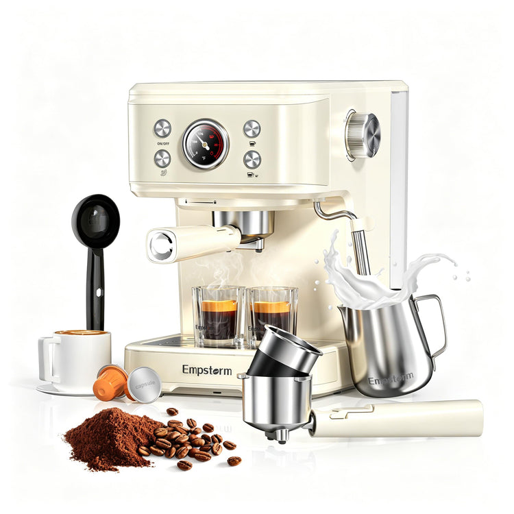 04E 20 Bar Espresso Machine with Milk Frother Steam 1100W Cream white