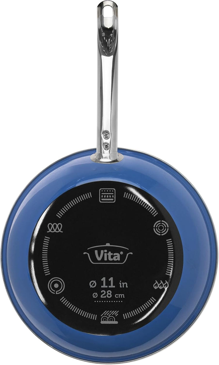 VITA 11-Inch Covered Skillet (Enamel on Steel)(Blue) for All Stove Tops - Dishwasher & Oven Safe up to 350 ℉ – Quick & Even Heat Distribution – Pan that’s Non Stick, Scratch Resistant, High Gloss