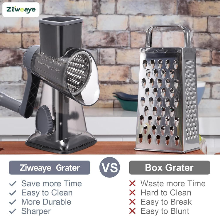 Rotary Cheese Grater Hand Crank Cheese Shredder Vegetable Mandoline Slicer for Kitchen 3 in 1 Changeable Blades for Cheese Potato Nuts Chocolate Ice (Grey TSP)