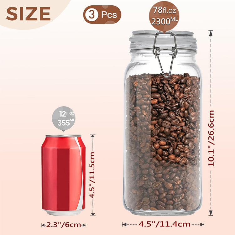 78oz Square Glass Food Storage Jars Storage Container with Clear Preserving Seal Wire Clip Fastening for Kitchen Canning Flour (3 Count)