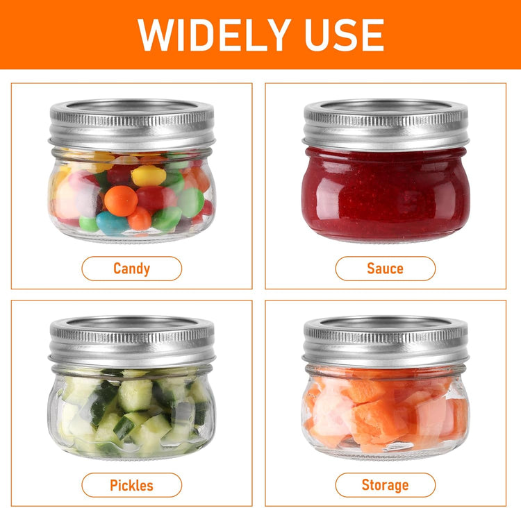 4 oz Mason Jars With Silver Lids and Bands, 24 Pack Regular Mouth Canning Jars for Jam, Honey, Yogurt, Candy, Spices, Snacks, DIY Projects, Wedding Favors- Includes 30 Stickers