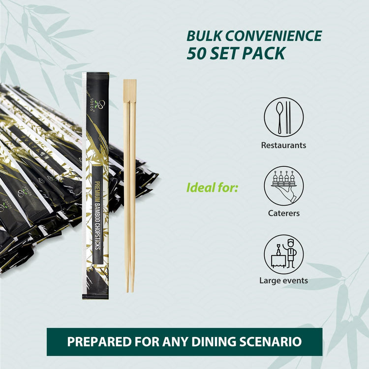 Soeos 100 Disposable Chopsticks Bulk - Natural Wooden Chopsticks & Bamboo Chopstick for Sushi, Takeout, Party - Splinter-Free, Individually Wrapped Single-Use Chopstick (Approx.100 Pairs)