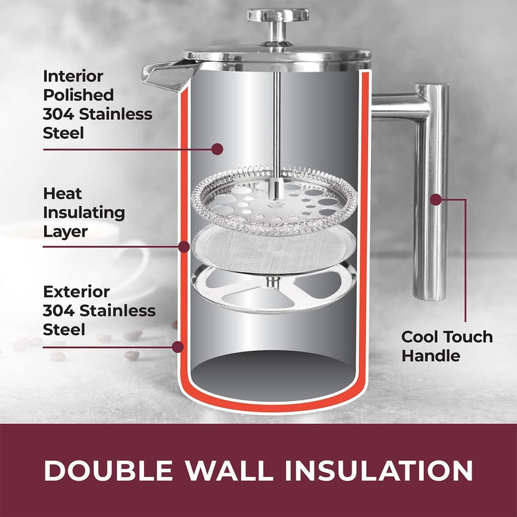 MuellerLiving French Press Coffee Maker 20oz, Stainless Steel French Press Coffee, 4 Filter Heat Resistant Double Insulated, Rust-Free, Food Grade, Dishwasher Safe Coffee Pot