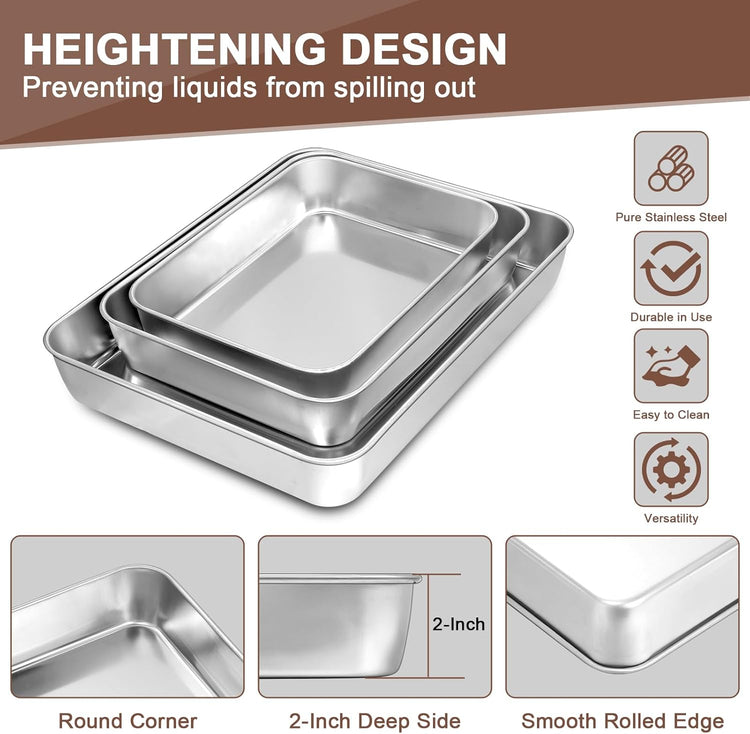 Baking Pans Set of 3, Commercial Grade Stainless Steel Cookie Pan for Baking, 12/10/9 Inch, Rectangle Bakeware Set for Cakes Breads Lasagna Casseroles, Rust & Warp Resistant & Nonstick, Heavy Duty