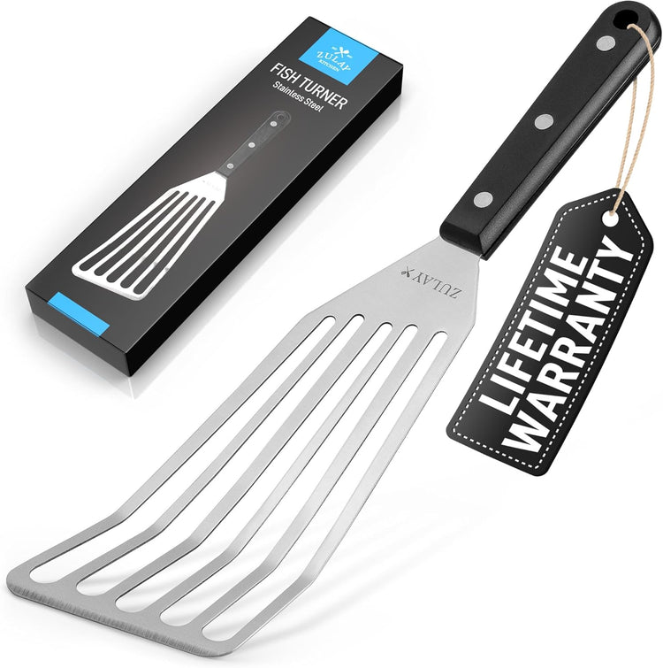Zulay Kitchen Fish Spatula Stainless Steel - Spatulas for Non-Stick Cookware - Slotted Stainless Spatula - Easy to Clean Turner 12.4