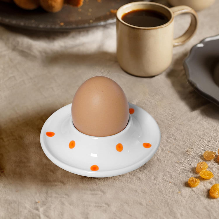 Cinf Ceramic White Egg Holder Set of 2 Porcelain Holder Breakfast Boiled Cooking Easy to Clean Childhood Memories Kitchen(Orange Dot)