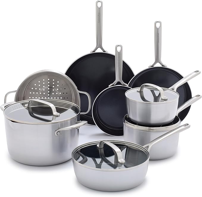 GreenPan GP5 Vista 5-Ply Stainless Steel 12 Piece Cookware Pots & Pans Set, Healthy Ceramic Nonstick PFAS-Free, Induction, Frying Pans, Sauté, Saucepans, Stock Pot, Glass Lids, Dishwasher & Oven Safe