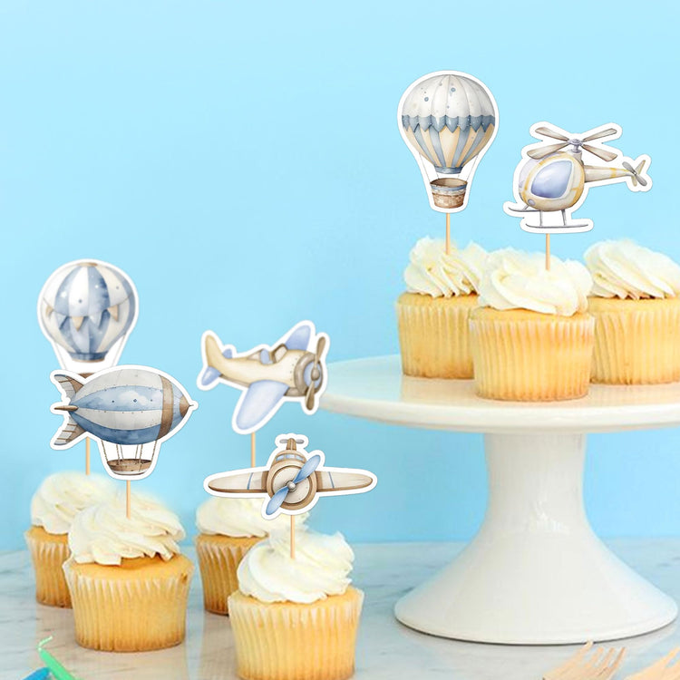 35Pcs Watercolor Blue Airplanes Cupcake Toppers Cartoon Hot Air Balloon Helicopter Cupcake Picks for Blue Boys Birthday Cupcake Decorations Airplane Baby Shower Cake Decorations (35 Count)