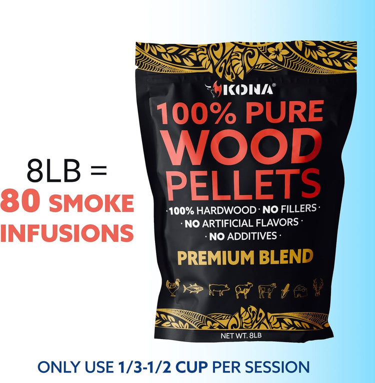 Kona Premium Blend Wood Pellets - Concentrated, Pure, Old Growth Hardwood Grilling Pellets - for BBQ, Smoker Tubes, Grills - 8 lbs Our Highest Rated in Blind Taste Testing