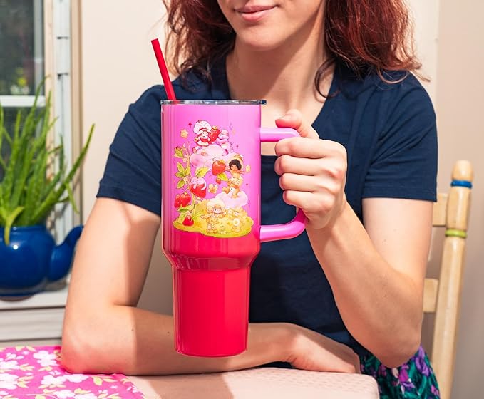 Silver Buffalo Care Bears and Strawberry Shortcake Ombre Double Walled Stainless Steel Tumbler with Handle, Fits in Standard Cup Holder, 40 Ounces
