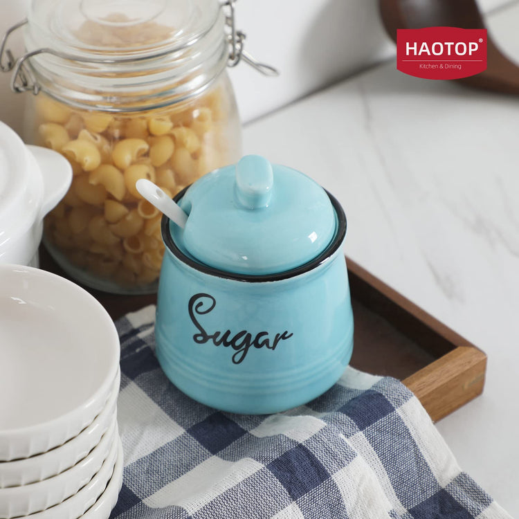 Farmhouse Porcelain Sugar Bowl with Lid and Spoon 12oz